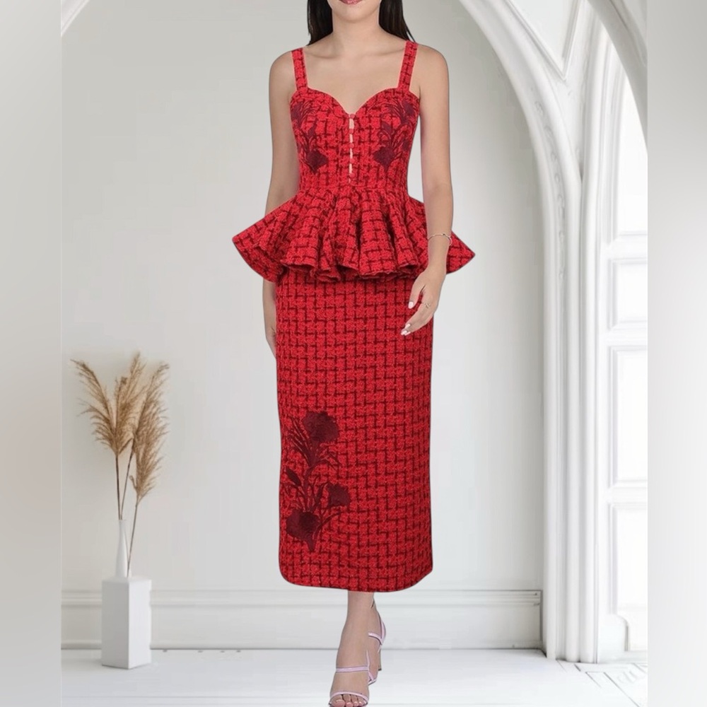 Fanm Mon Gulia Peplum Tweed Midi Dress XL Red Floral Embroidery Feminine NWT